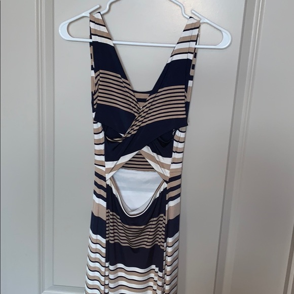 SELF Cross Back Backless Maxi Dress Tan/Wht/Blue - Picture 3 of 6